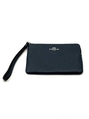 Coach Pebble Leather Corner Zip Wristlet Navy Blue and Silver